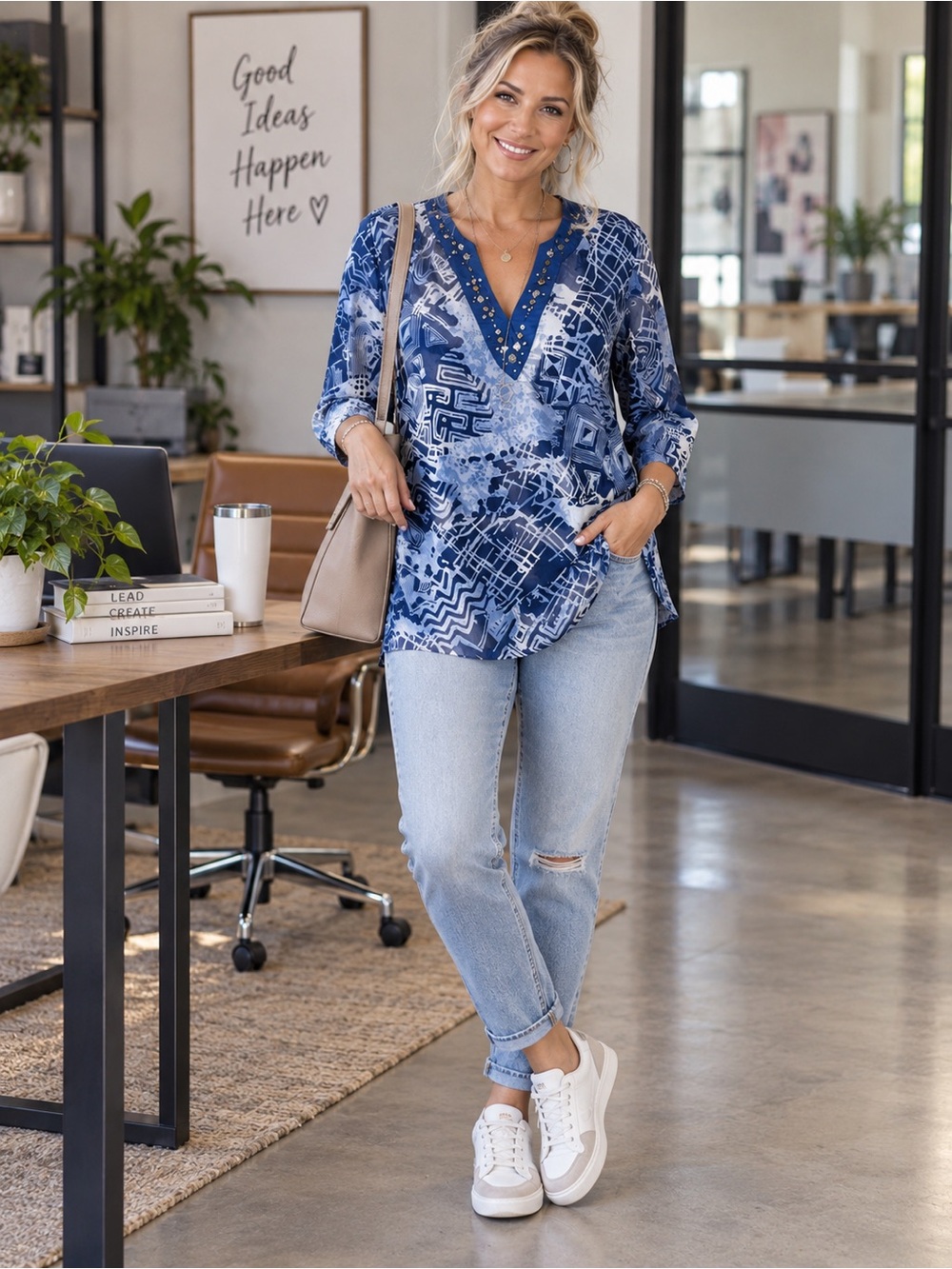 Susan Graver Blue Embellished V-Neck Long Sleeve Blouse